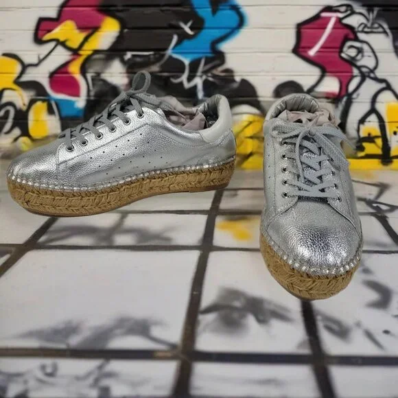 Steve Madden Silver Mars Platform Espadrill Laceup Full Leather Sneaker Shoe - Picture 1 of 12